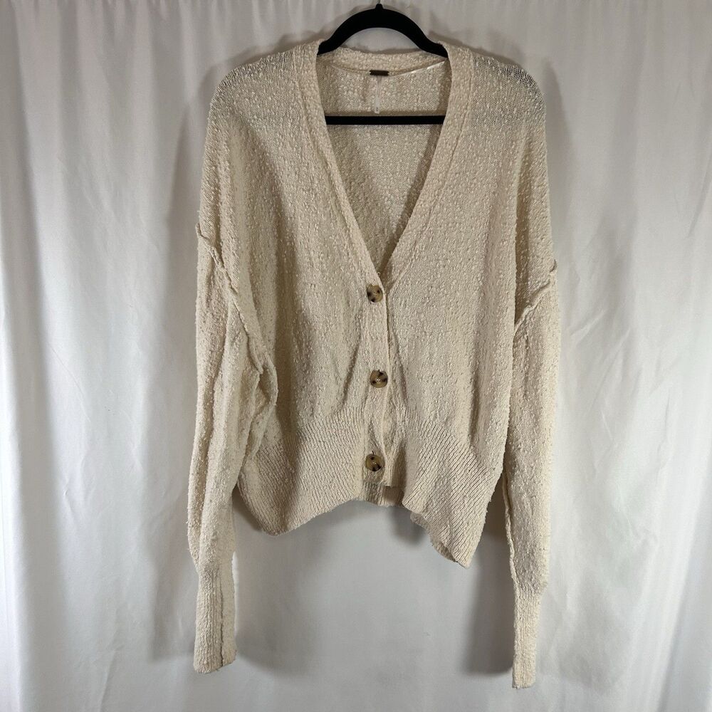 Free People Cardigan Women's Medium Ivory Button Front Vneck Cotton Blend